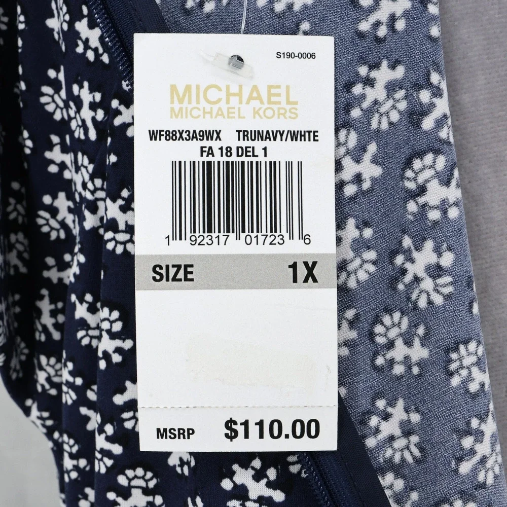 Michael Kors Dress Plus Size 1X Navy Blue Print Stretch Knit Zipper Career New